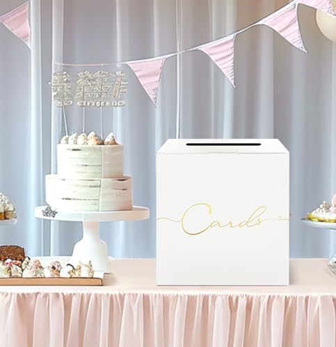 Image of HEIPINIUYE Large Card Box for Party 9.8 inch x 9.8 inch White Gift Card Box Holder with Gold Foil Design for Wedding Birthday Baby Shower Retirement Graduation Party Raffle Box