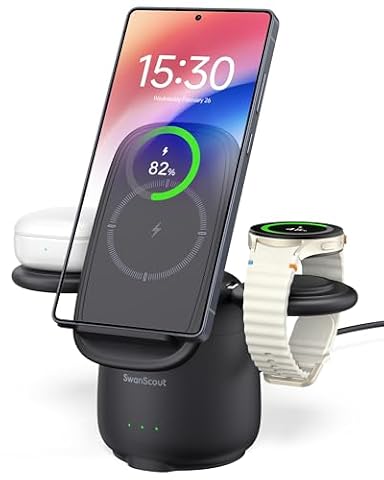 SwanScout Bezprzewodowa Ładowarka do Samsung, Indukcyjna Stacja Ładująca 3 w 1 do Galaxy S25 Ultra/S24/S23/Z Fold 7/Z Flip7, Wireless Charger fo Galaxy Watch 7/Ultra/6/5/4/Buds (Czarny)