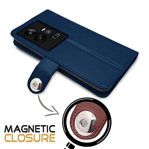 Image of Pikkme iQOO 11 5G Flip Cover Leather Finish | Inside TPU with Card Pockets | Wallet Stand and Shock Proof | Complete Protection Button Flip Case (Blue)
