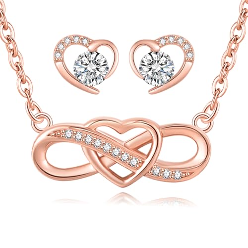 Image of LYL.Adorer Rose Gold Jewellery Set for Women,Infinity Endless Heart Necklace Earrings Set with Austrian Crystal,925 Sterling Silver, Gift for Women Girls