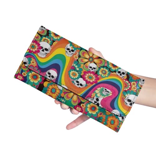 Image of AFPANQZ Wallets for Women Leather Credit Card Holder with RFID Blocking, Hippie Flower Skull Large Capacity Wristlet with RFID Blocking
