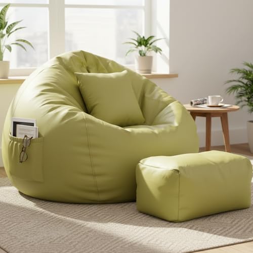 Image of Luxury 5XL Jumbo Bean Bag with Footrest & Cushion | Premium Leatherette | High-Density Beans Filled | Heavy Duty Double Stitch | 6 Months Warranty Color- (Navy Blue) (Olive Green)