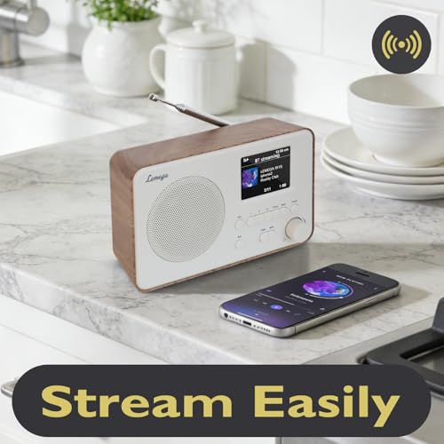 Image of LeMega IR1S Internet Radio, Podcasts, Bluetooth, FM, Walnut | Alarm clock, full colour display, mains or AA battery, compact kitchen radio, snooze, sleep timer, 150 unified presets