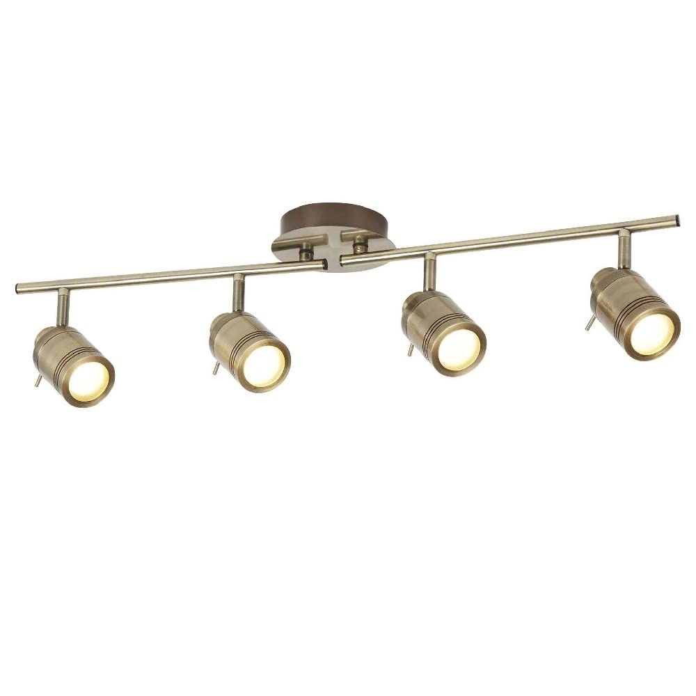 Antique Brass Bathroom 4 Lamp Adjustable Split Bar Spot Light | 79cm Long | IP44 Rating | Cylindrical Heads | 4 x GU10 Lamps Required | 240V UK | Stainless Steel
