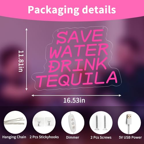 Image of Neon Sign, Save Water Drink Tequila LED Neon Light for Wall Decor, USB Neon Bar Sign for Party Club Restaurant, Bedroom Wall Decor 16.54 x 11.81 inch, Acrylic Material