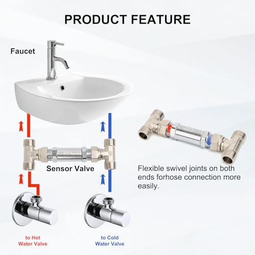 Image of 304 Stainless Steel Replacement Sensor Valve Kit for Hot Water Recirculating Pump System - Includes Valve, 2x 12-inch PEX Supply Lines, Adaptors & Teflon Tape - Potable Water