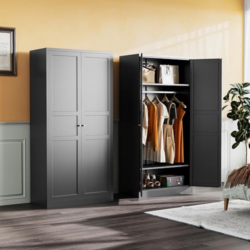 Metal-Wardrobe-CabinetArmoire-Wardrobe-Closet-with-doorsBlack-Metal-Clothing-Storage-Cabinet-with-Adjustable-Shelves-and-Hanging-Rod72-Wardrobe-Storage-Cabinet-for-HomeBedroom-ArmoiresLaundry Metal Wardrobe CabinetArmoire Wardrobe Closet with doorsBlack Metal Clothing Storage Cabinet with Adjustable Shelves and Hanging Rod72 Wardrobe Storage Cabinet for HomeBedroom ArmoiresLaundry