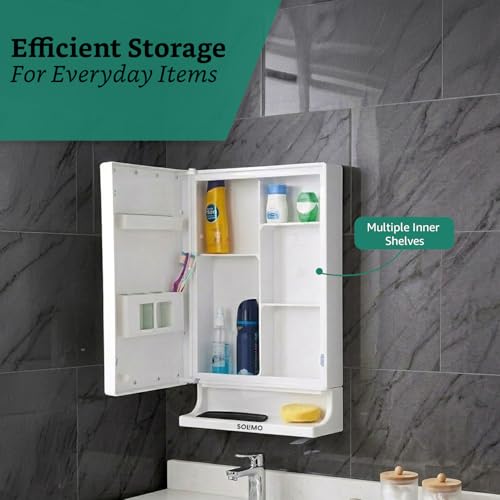 Image of Amazon Brand - Solimo SmartLook Wall Mounted Storage Cabinet with Mirror, Toothbrush Holder with Multi-Compartment Storage, Wall Mounted Plastic Organizer for Toothbrush,& Bathroom Essentials, White