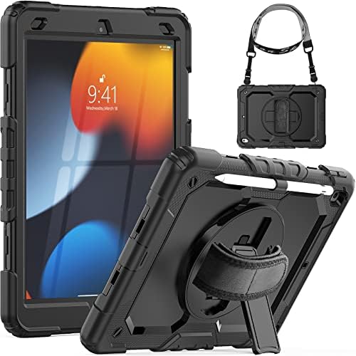 SEYMCY Kids Case for iPad 10.2 inch 9th 8th 7th Generation 2021/2020/2019, Shockproof with [Rotating Hand Strap Stand][Screen Protector][Pencil Holder] Hard Cover for iPad 9th/8th Gen, Black/Green