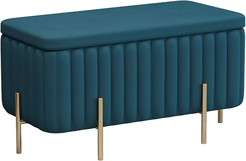 Banc à chaussures bois massif bleu nordique avec rangement en métal