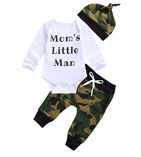 Image of 3PCS Newborn Baby Boys Cute Words Mom's Little Man Print Long Sleeve Romper+Camouflage Long Pants +Hat Outfits Set (White&Camouflage, 0-3 Months)