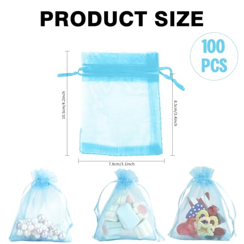 Image of Sheer Organza Bags - 100 Pcs, Small with Drawstring, Jewelry Gift & Wedding Favor Bags, Mini Candy Bags, Lake Blue