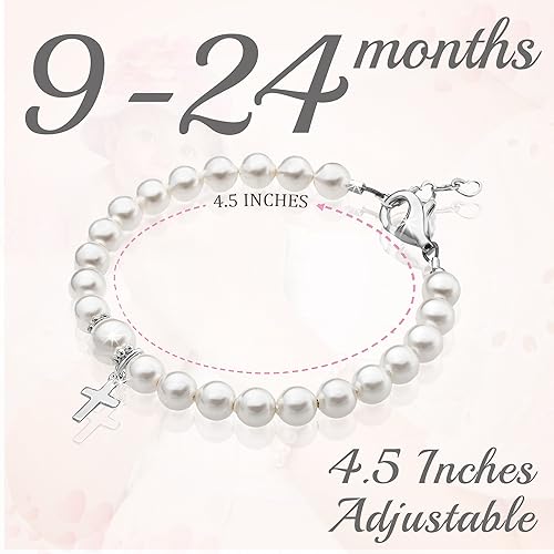 Sterling Silver Cross Charm White Pearl Bracelet for Girl infant and Newborn Baby's Baptism Gifts for Toddler Baby Girl or Boy Elegant Baptismal Keepsake Girls Jewelry, Birthday Gifts2