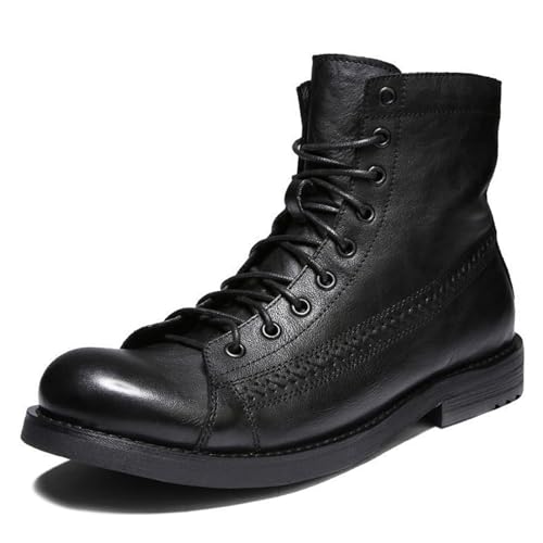 Men's Vintage Leather Lace Up Motorcycle Ankle Boots Fashion Round Toe Waterproof Non-Slip Casual Dress Chukka Boots High-Top Leather Combat Boots