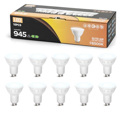 GREAT JACOB Bombillas LED GU10, 6500K Blanco Frío, 6W Equivalente 128W Halógena, 945Lúmenes 100° Spotlight, no regulable, Pack de 10