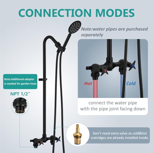 Aolemi Fixture de Ducha Exterior con Ducha de Mano, Agua Caliente y Fría, Negro Mate | Kit de Ducha Exterior con Válvula Central de 6 Pulgadas, Manguera de 59", Ducha de Mano Elevada, Ducha Expuesta de 2 Manijas miniatura 6