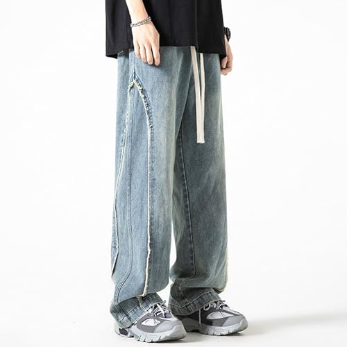 DGHM-JLMY Men's Regular Fit Straight Leg Jeans Retro Fashion Patchwork Jeans Casual Drawstring Elastic Waist Denim Pants3