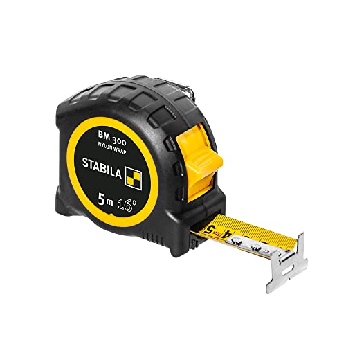 STABILA Taschenbandmaß BM 300, 5 m (16'), Maßband mit doppelseitiger cm/inch-Skala, bruchsicheres PC/ABS-Gehäuse, SPIKES-Haken, Stahlband mit NYLON-WRAP-Ummantelung, Gürtel-Clip, MID-Genauigkeit