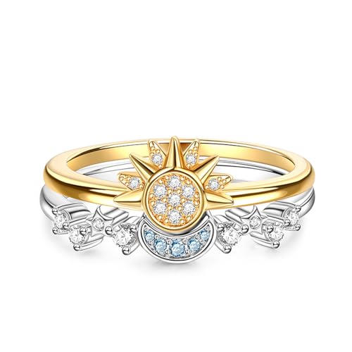 Jeulia Moon Sun Rings Set Sterling Silver for Women; Stackable Matching Ring Friendship Couples Promise Ring Band Celestial bff Rings Romantic Jewelry Gifts with Box