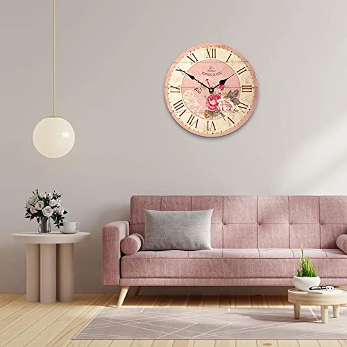 Vikmari Home 14 Inch Battery Operated Silent Non-Ticking Vintage Wall Clock Design Wooden Round Roman Numerals Indoor Clocks Rose Pink Style Wall Clocks #TOP3