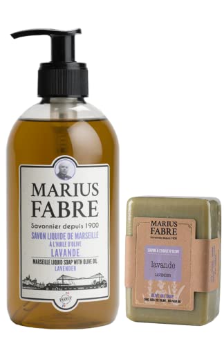 Marius Fabre French Marseilles Soap Set - Liquid + Olive Oil Bar Soap - Set of Two (Lavendar Fragrance)