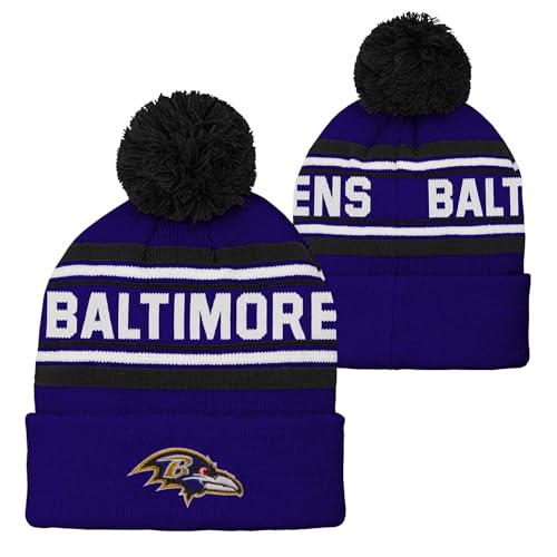 Pro Football Youth Jacquard Cuffed Knit Pom Hat (US, Alpha, One Size, Baltimore - Ravens)
