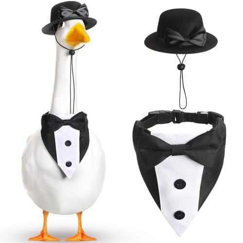 Abbylike Porch Goose Formal Tuxedo Outfit with Plastic Bandana Collar Bowtie and Hat for 17" 23" Lawn Patio Statue Goose Wedding Birthday New Year Party Duck Costume Graduation Accessories