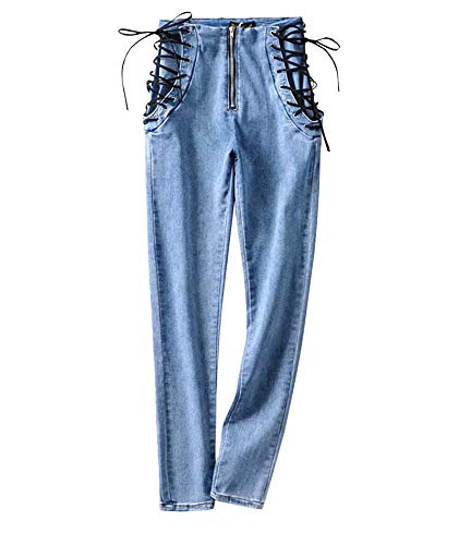 xxxiticat Women's Bandage Legging Pants High Wasit Side Criss Cross Lace Up Jeans Bodycon Skinny Denim Pencil Trousers4