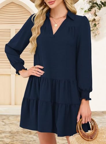 Wkior Casual Dresses for Women Long Sleeve Fall Lapel Collared V Neck Pleated Midi Dress 20252