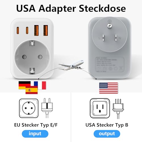 5 IN 1 USA Adapter Steckdose, Reiseadapter USA Typ B mit 2 USB C & 2 USB A, Adapter USA Deutschland Stecker für Amerika, Kanada, Mexiko,Thailand