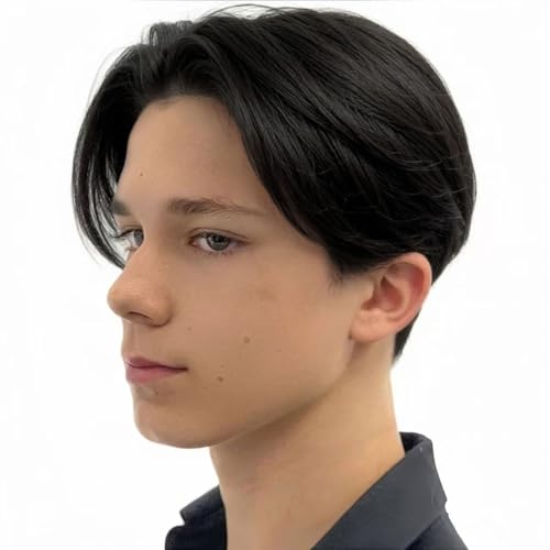 Daiaces Mens Black Short Wig Middle Part Layered Straight Fluffy Hair for Male Daily Party Costume Cosplay Wear