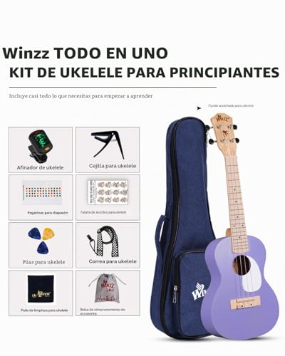 Miniatura 6 de Winzz Ukelele Set para Adulto Principiantes y Niños, Ukelele Concierto de 23 Pulgadas con 9 Accesorios, 4 Cuerdas (Color: Violeta, Madera)