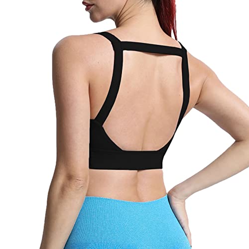 Aoxjox Women's Workout High Impact Sports Bras Fitness Square Neck Balcony Open Back Bra Yoga Crop Tank Top (Black, Small) #TOP2