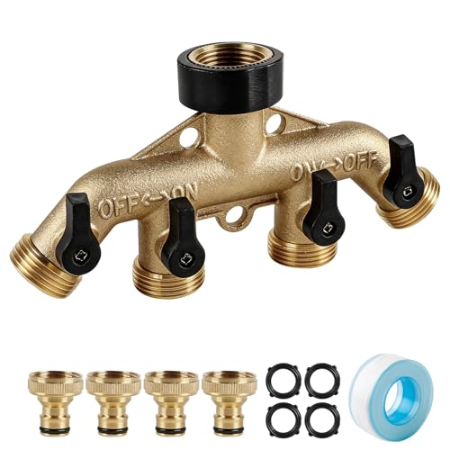 EXLECO 4 Wege Messing Wasserverteiler G3/4' Wasserhahn Ventil mit 1/2' Adapter, Wasseranschluss Verteiler mit Metall Griff, Gartenwasserhahn Anschluss, Messing Schlauchverbinder für Hof Waschmaschine