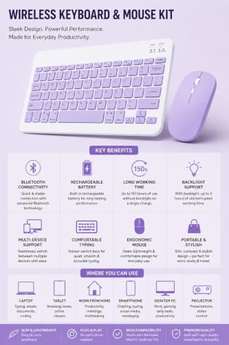 Image of Wireless Bluetooth Keyboard and Mouse Combo, Rechargeable Slim Multi-Device Keyboard with Bluetooth, Mouse with Bluetooth & 2.4G USB Receiver. (Purple)