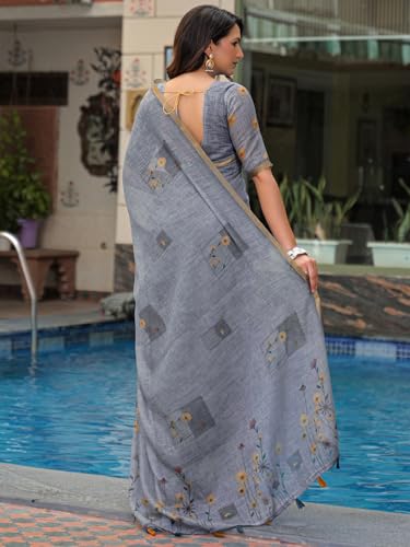 Image of SIRIL Women's Cotton Linen Printed Zari Border Saree with Unstitched Blouse Piece