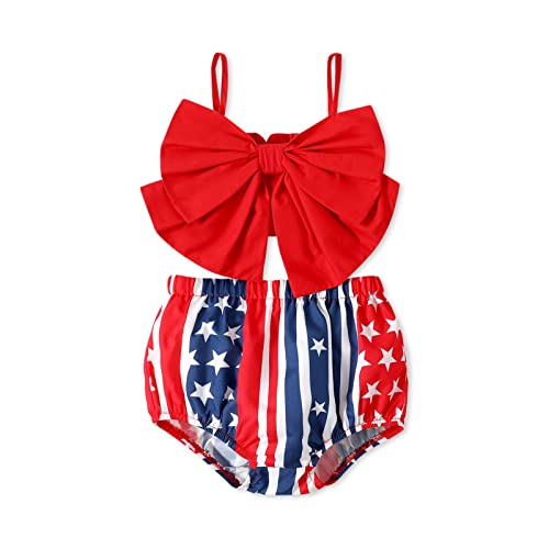 Image of PATPAT 4th of July 2Pcs Baby Girl 100% Cotton Red Bowknot Camisole and All Over Print Short Set Baby Girl Summer Clothes 9-12 Months