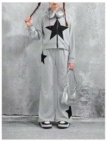 WDIRARA Girl's 2 Pieces Outfits Star Print Long Sleeve Sweatsuit Zip Up Hooded Sweatshirt and Sweatpants Sets3