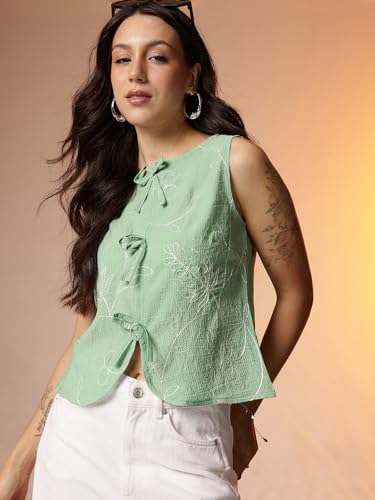 Image of Amazon Brand - INKAST Women Textured Sleeveless Peplum Tunic Top|Round Neck Multi-Tie Front Blouse|Casual Wear|