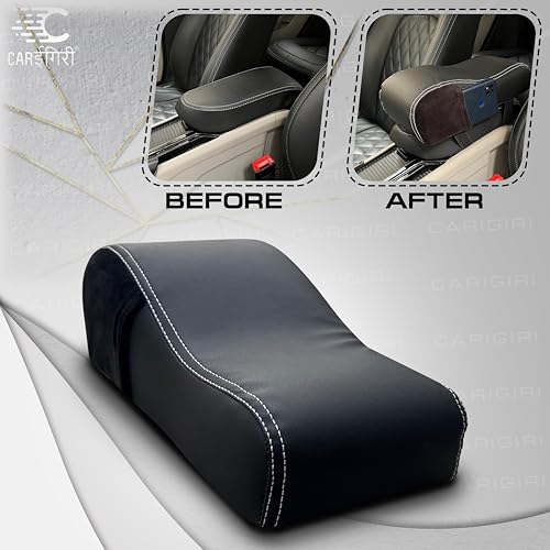 Image of Carigiri Comfirest Armrest Cushion for Car|Orthopedic Foam Arm Cushion|Universal for All Cars|Armrest Support,Height Extender(Double Stitching,Nappa Leather,Dual Mobile Pockets,Black with White Seam)