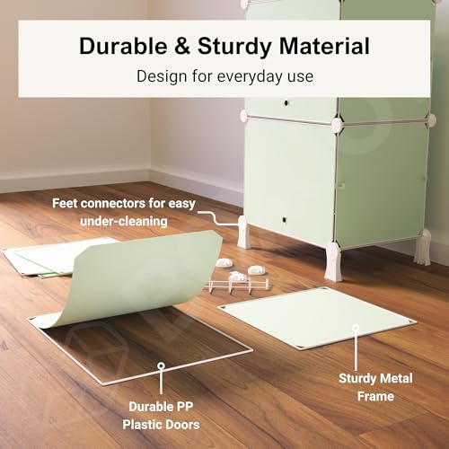 Image of BOXJOY 6 Shelf Shoe Rack with 3 Doors, Magnets, 5 Hook Steel Holder & Wooden Hammer for Home Storage PP Plastic Organizer with Metal Door Frame to Cover Chappal Slipper Sandals Shoes Box Stand (Green)