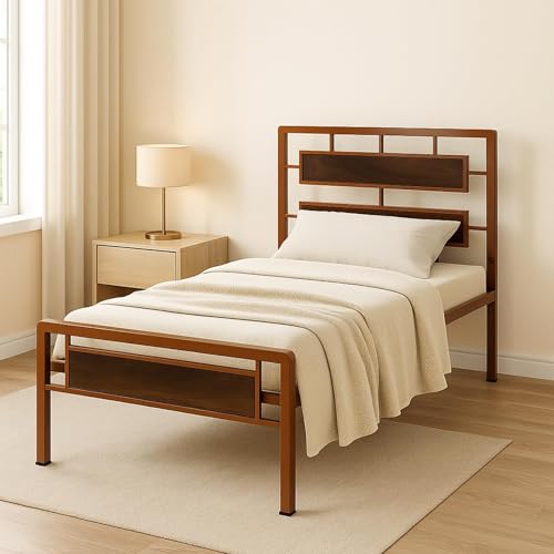 Image of Zeek Metal Extra Single Size Bed Without Storage | Wrought Iron Single Bed with Headboard & Footboard| Sturdy Powder Coated Platform Cot for Bedroom (Zeek Brown)