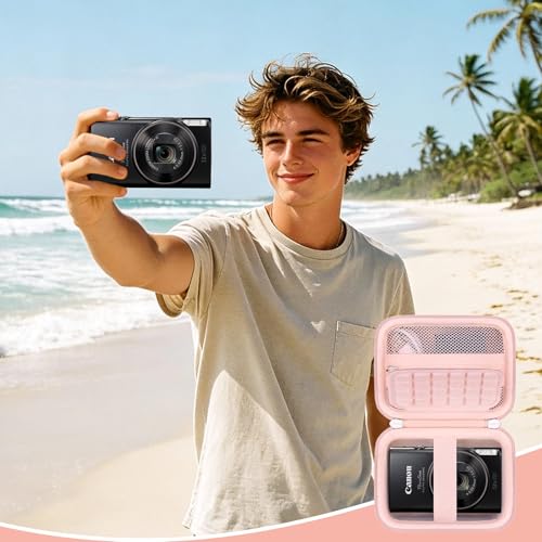 Image of Camera Case for Canon PowerShot ELPH 360 HS A, IXY 650 /ELPH 360 Camera Protective Case Storage Holder Travel Bag with Wrist Strap, Mesh Pocket for Battery Pack, USB Cable, Pink
