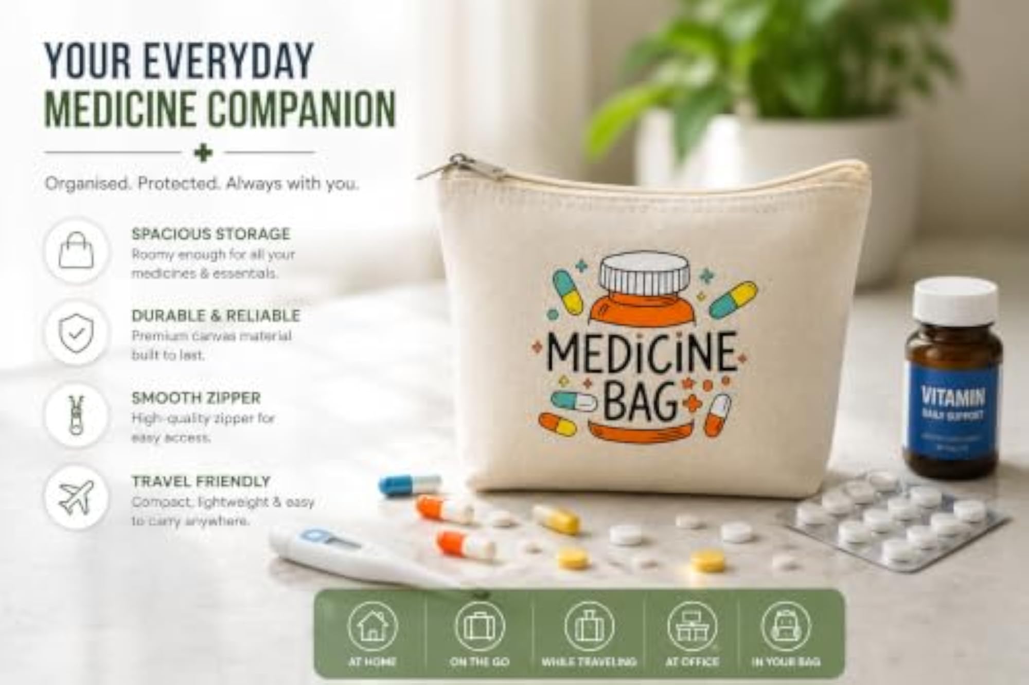 Canvas Medicine Bag for Travel & Home, 1-Pcs