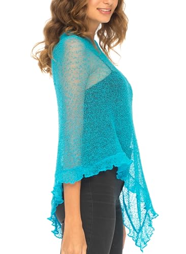 Image of SHU-SHI Women's Sheer Knit Poncho Shrug Lightweight Asymmetrical Ruffle Wrap Dressy Summer Shawl Cover Up Top