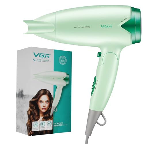 VGR V-428 Foldable Hair Dryer for Men & Women | 1200/1600W DC Motor | Cool Shot Button & 2 Speed Settings | Detachable Rear Cover | Overheat Protection | Hanging Loop (Green)