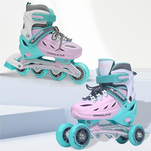 Jaspo Sparkle 2.0 Convertible Adjustable Inline Quad Roller Skates, 2-in-1 Design,Aluminium Chassis, 70Mm Pu 85A Wheels, PVC Shoe, Breathable Mesh-for Kids Youth Pink Green, L