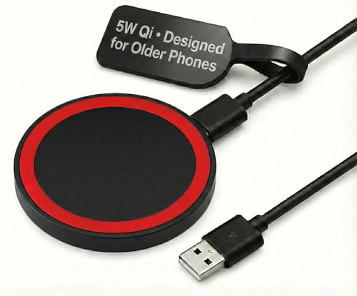 Wireless Charging Pad 5W – Best for Older Qi‑Enabled Phones (iPhone 8–11, Samsung S6–S9) – Standard 5V USB Charger, Slim & Case‑Friendly – Not Fast Charging/Not MagSafe - RED