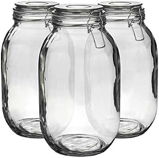3X 3000ml (3 Litre) Clear Glass Storage Jars with Clear Airtight Silicone Seal and Metal Clip Lids - 105.5oz Large Empty Kitchen Containers - by Argon Tableware