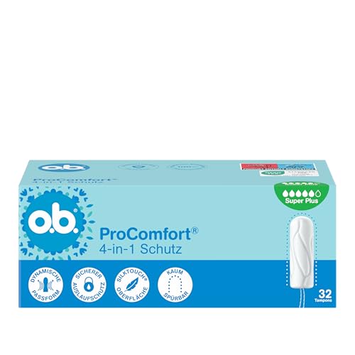 o.b. ProComfort Super Plus - Tampones de protección 4 en 1 (1 x 32 unidades) con punta extra suave para una fácil inserción y hasta 100% protección contra fugas, ideal para deportes y uso diario